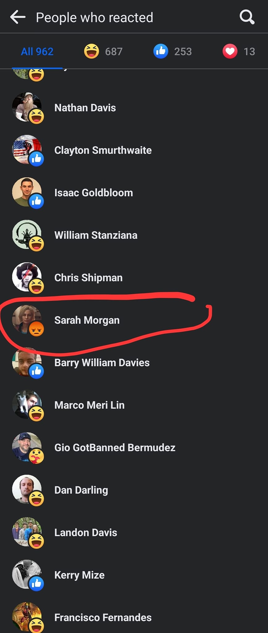 The meme is a screenshot of a Facebook comment section, where a user is reacting with a laughing face emoji to a post. The user's name is "Sarah Morgan" and they have a comment that says "I'm not even mad, I'm just disappointed".
